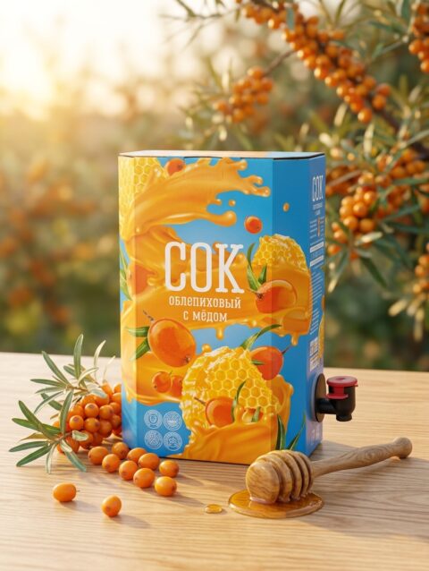 Облепиховый сок с мёдом в картонной упаковке с краном (формат bag-in-box)