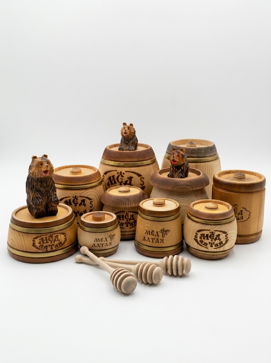 Honey in small wooden barrels