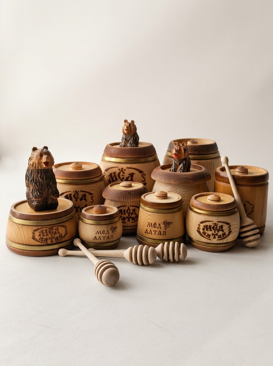 honey in small wooden barrels
